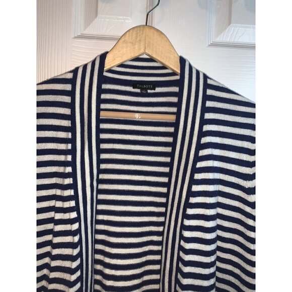 Talbots Navy Blue White Stripe Open Front Lambs Wool Nautical Cardigan Small - Picture 3 of 7